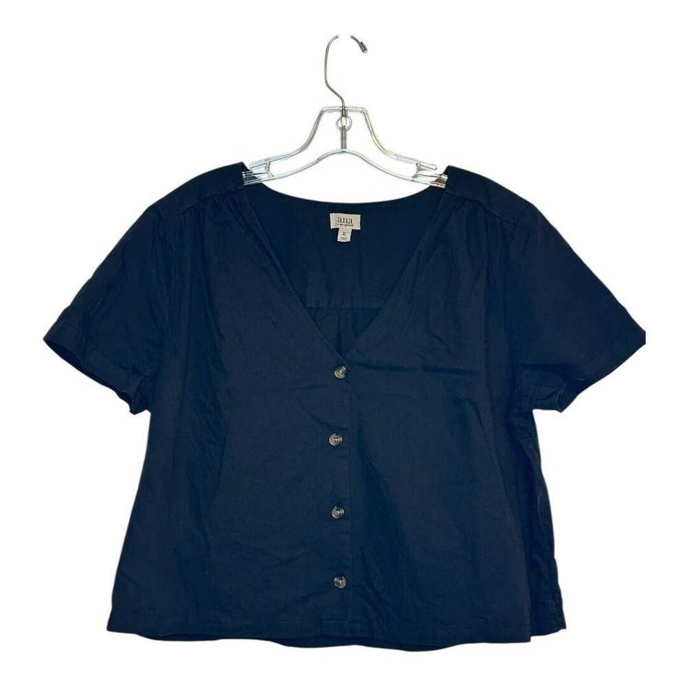 ANA Button-Up Top V-Neck Short Sleeve Cotton Casual Blouse Relaxed Fit Black XL